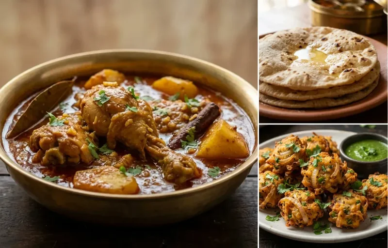 Kukuda Jhola with Roti and Onion Fritters
