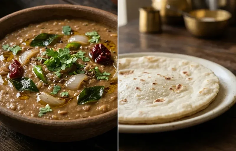Kulith Pithla with Rice Bhakri