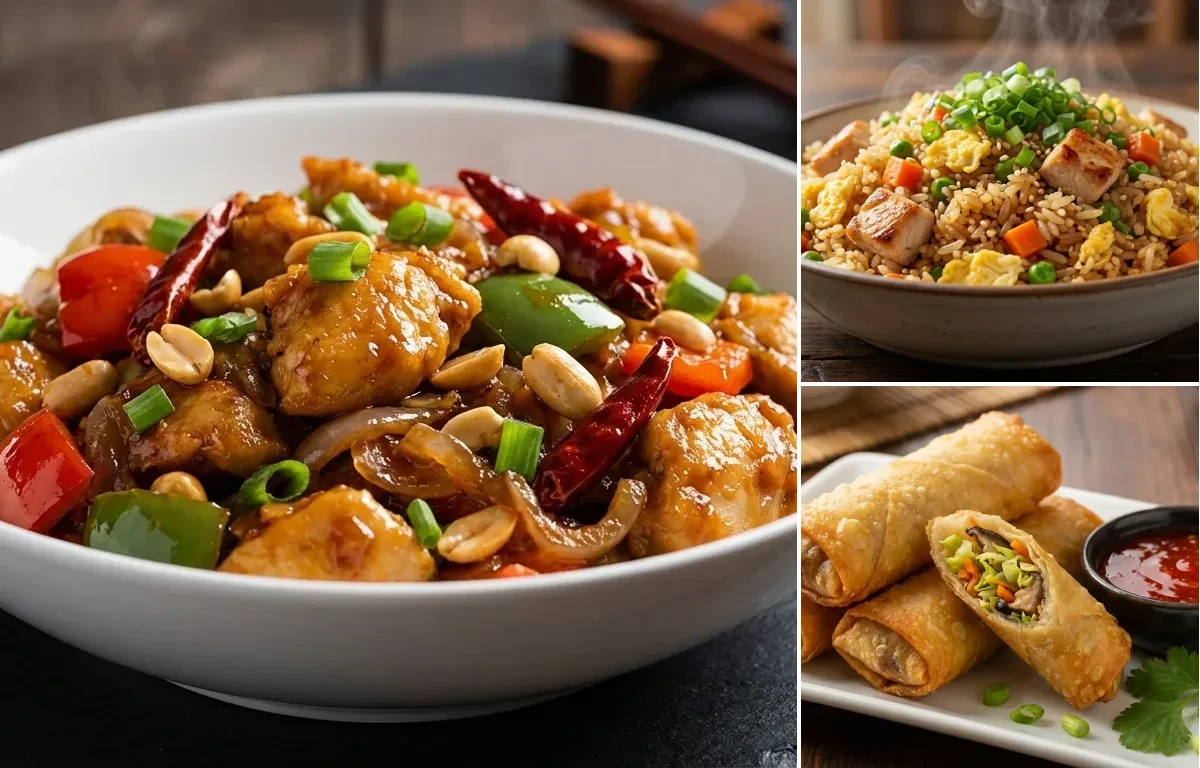 Kung Pao Chicken with Chicken Fried Rice and Fried Spring Rolls