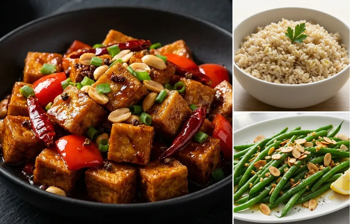 Kung Pao Tofu with Steamed Brown Rice and Garlic Green Beans