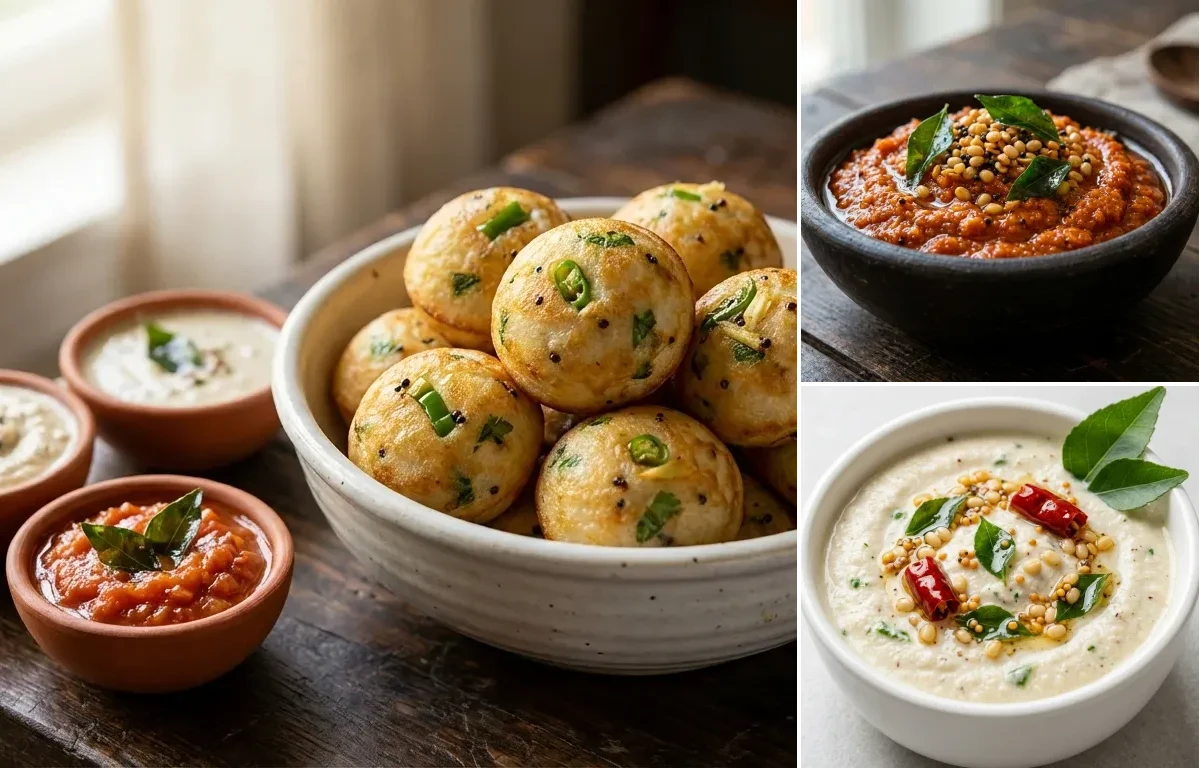 Kuzhi Paniyaram with Kara Chutney and Coconut Chutney