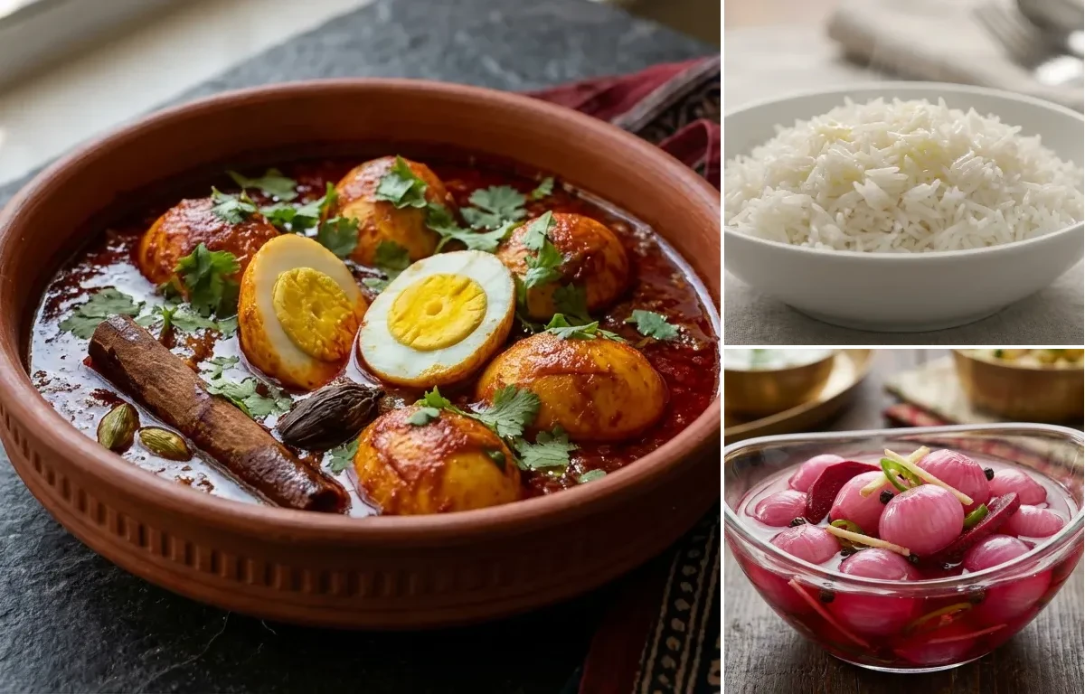 Laal Maas Egg Curry with Steamed Basmati Rice and Sirke Wale Pyaaz