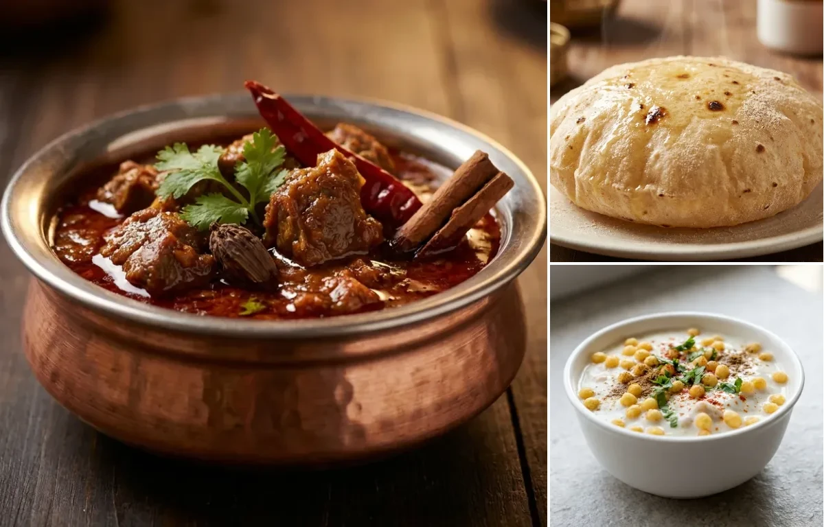 Laal Maas with Phulka and Boondi Raita