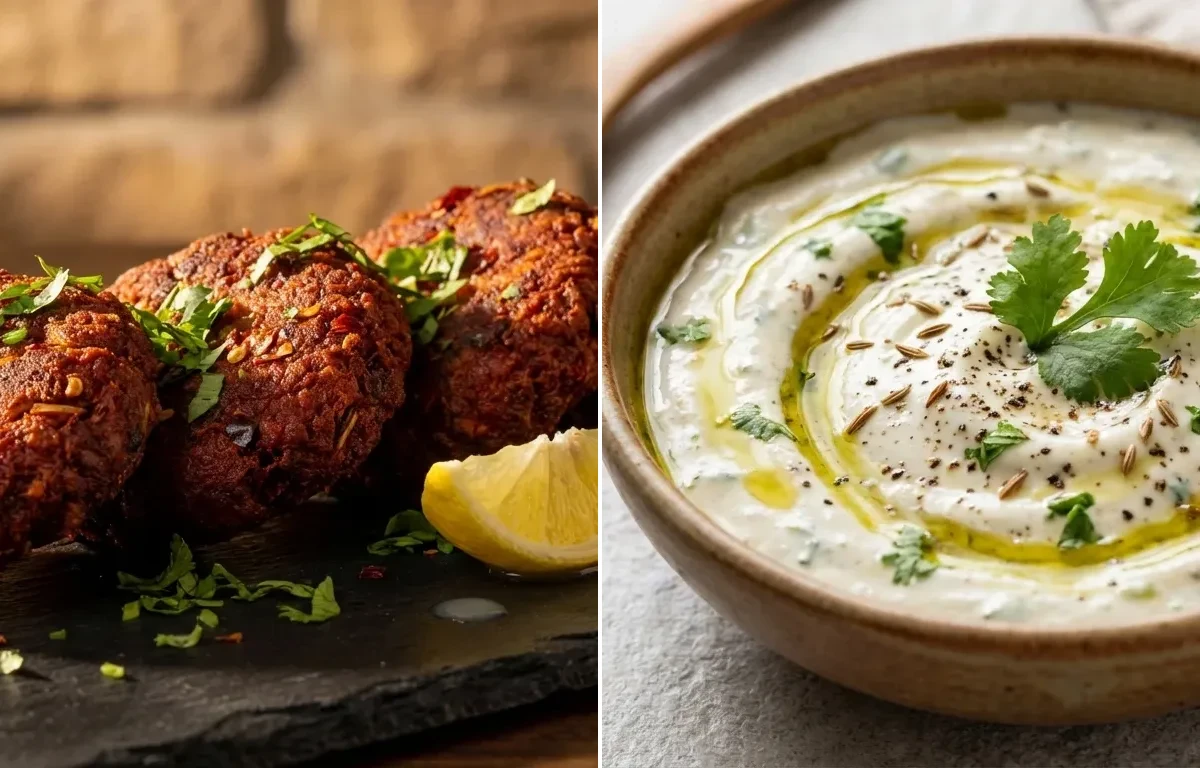 Laal Maas Tikki with Garlic Yogurt Dip