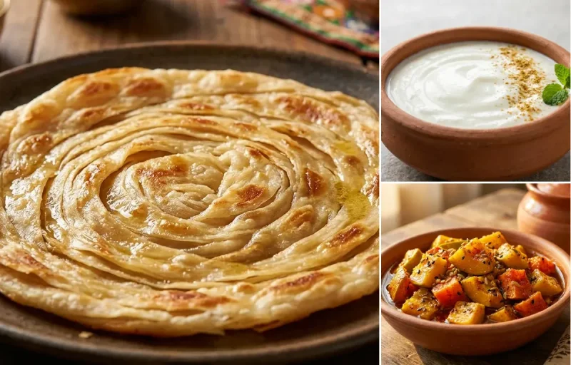 Laccha Paratha with Dahi and Punjabi Mango Pickle