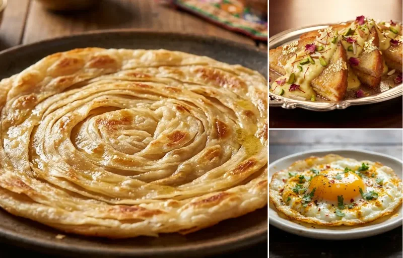 Laccha Paratha with Shahi Tukda and Fried Egg
