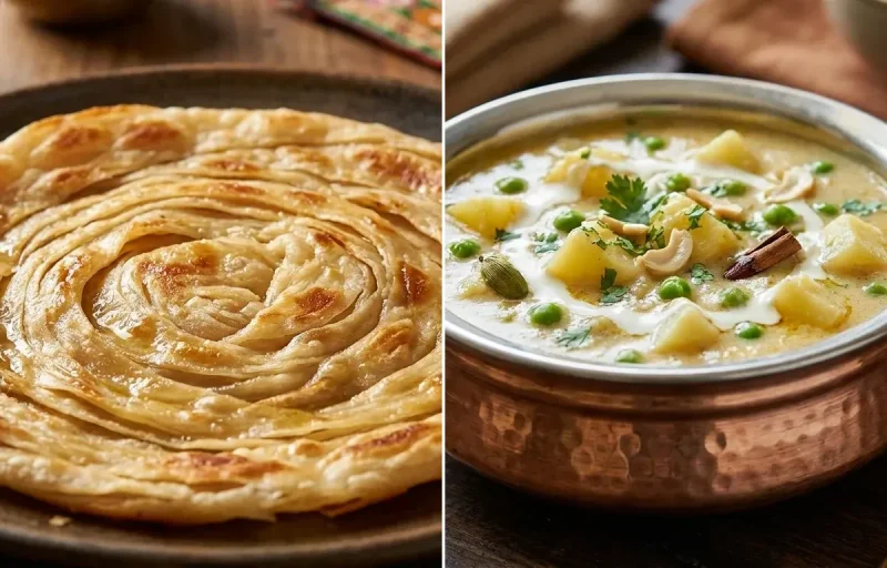 Laccha Paratha with Aloo Matar Korma