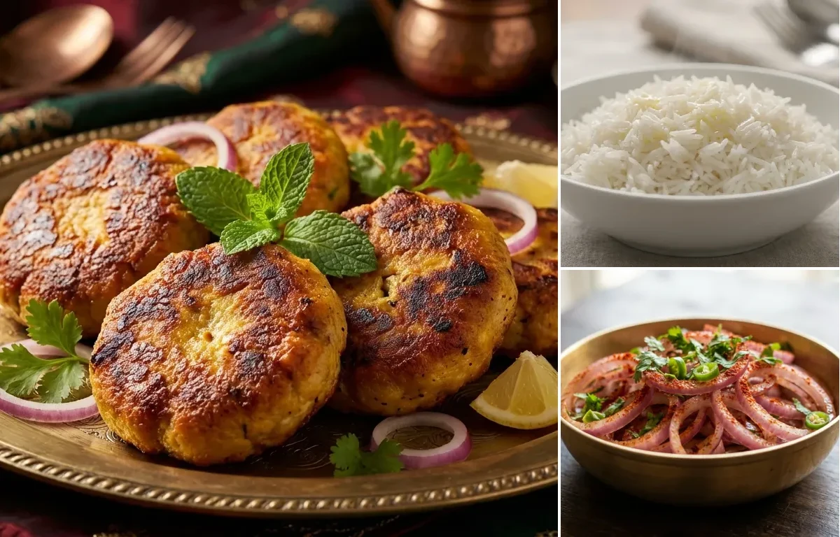 Lahabi Kebab with Steamed Basmati Rice and Onion Salad