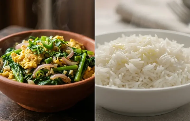 Lai Xaak Koni Bhaji with Steamed Basmati Rice