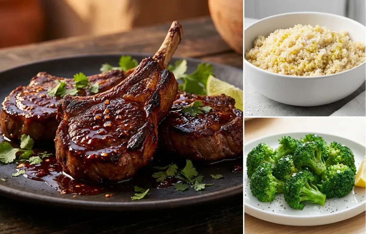 Lamb Chops with Red Chile Glaze with Quinoa and Steamed Broccoli