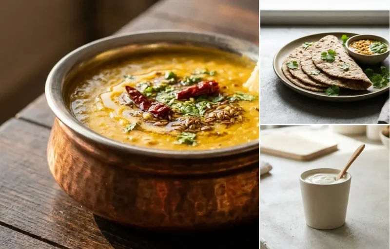 Lamb Curry with Dal Fry, Vegan Jowar Roti and Plain Yogurt Cup
