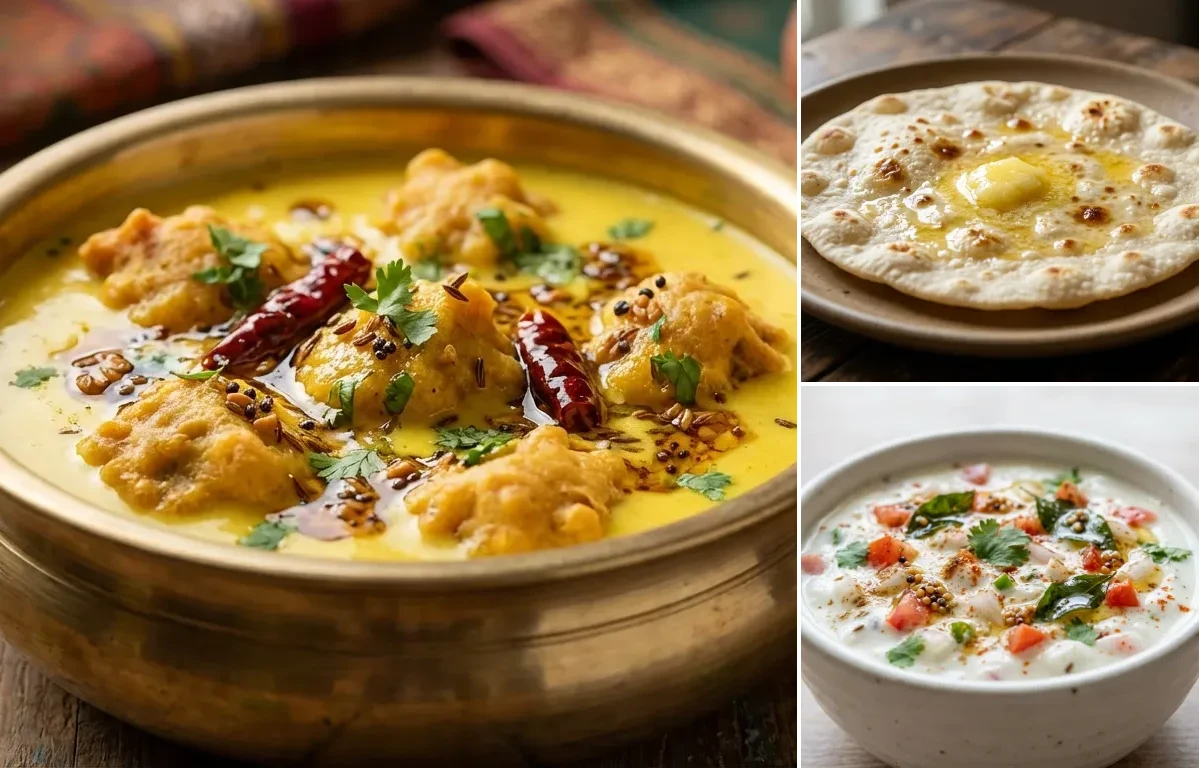 Lamb Curry with Kadhi Pakora, Jowar Roti and Onion Tomato Raita