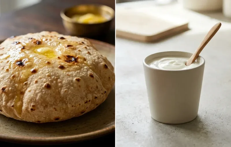 Lamb Curry with Phulka and Plain Yogurt Cup