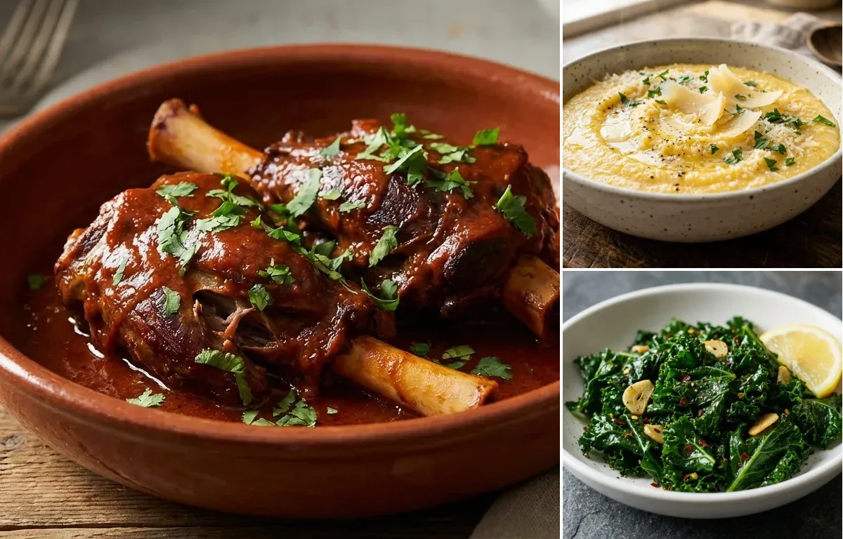 Lamb Shanks with Red Chile with Parmesan Polenta and Sauteed Kale with Garlic