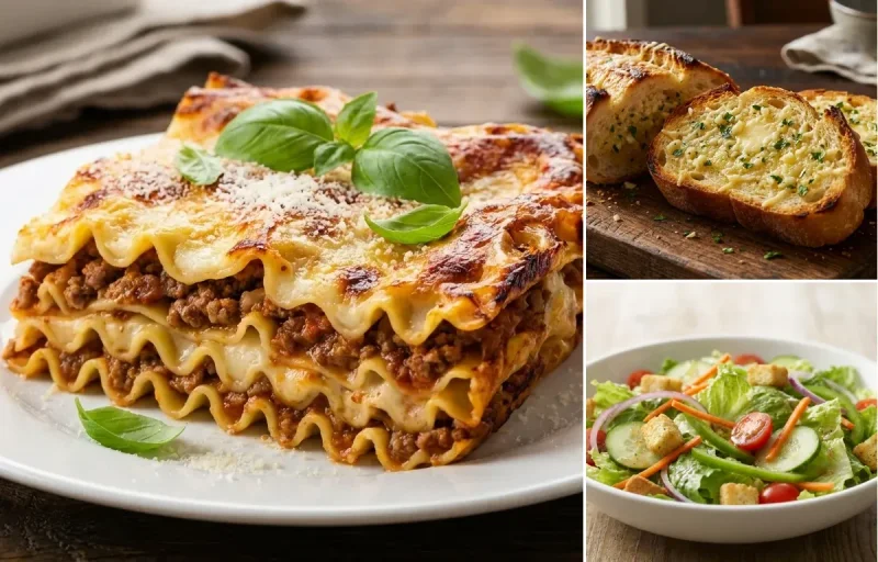 Lasagna Bolognese with Garlic Bread and Garden Salad