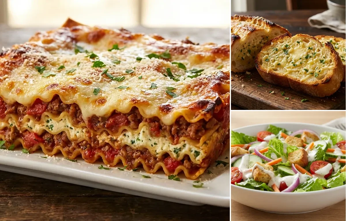 Lasagna with Garlic Bread and Side Salad