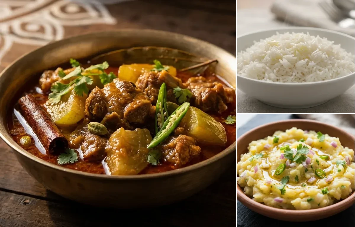 Lau Di Mangsho with Steamed Basmati Rice and Aloo Pitika