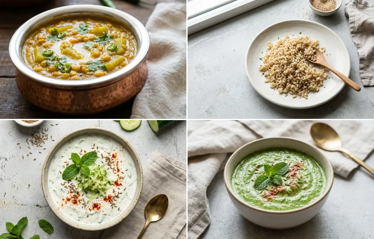 Lauki Chana Dal with Cooked Brown Rice Half Cup, Egg Bhurji Main, Cucumber Mint Raita and Mint Yogurt Chutney