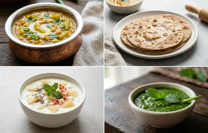 Lauki Chana Dal with No-Salt Whole Wheat Roti, Egg Bhurji Main, Pineapple Raita and Mint Chutney