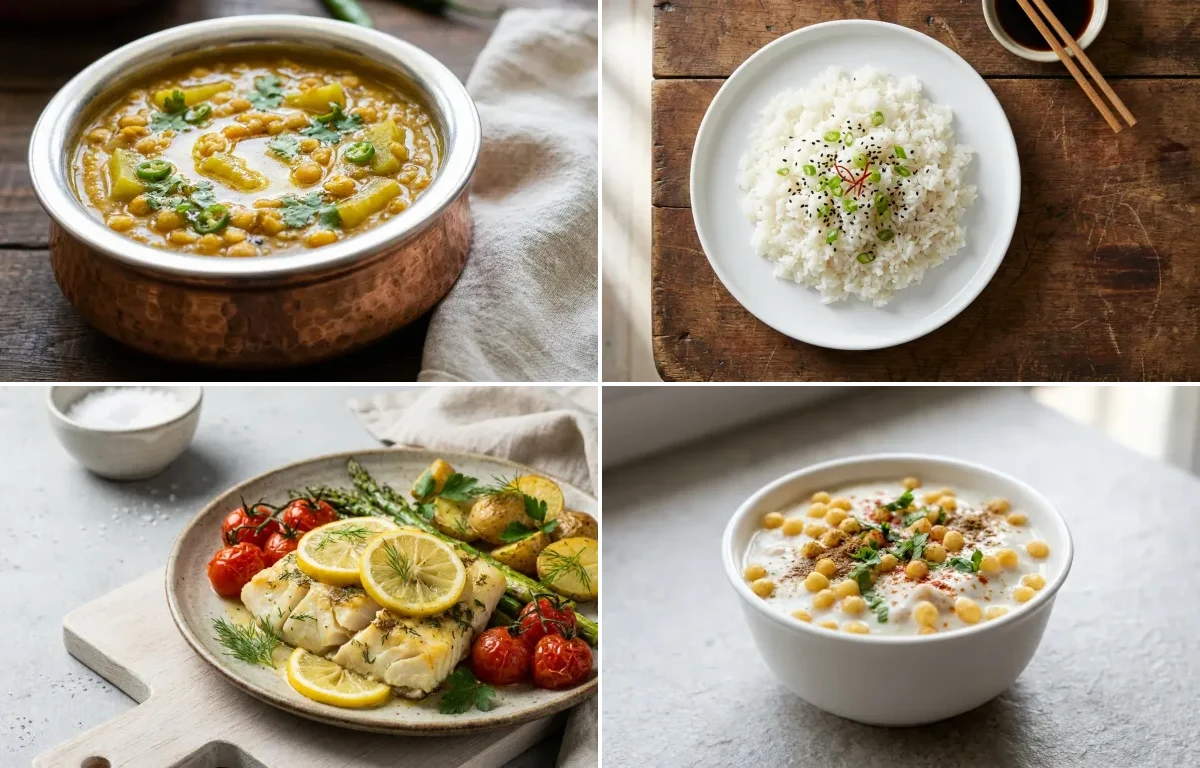 Lauki Chana Dal with Steamed White Rice, Baked Cod With Lemon, Boondi Raita and Mint Coriander Chutney No-Salt