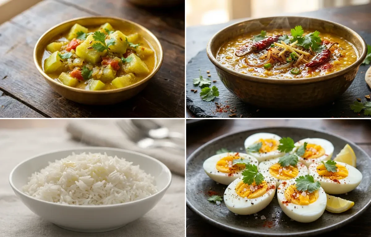 Lauki Sabzi with Dal Tadka, Steamed Basmati Rice and Boiled Egg