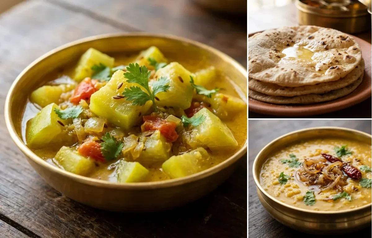 Lauki Sabzi with Roti and Moong Dal Tadka