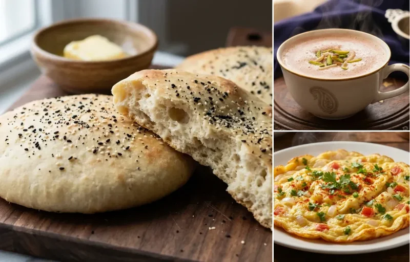 Lavasa Bread with Noon Chai and Masala Omelette