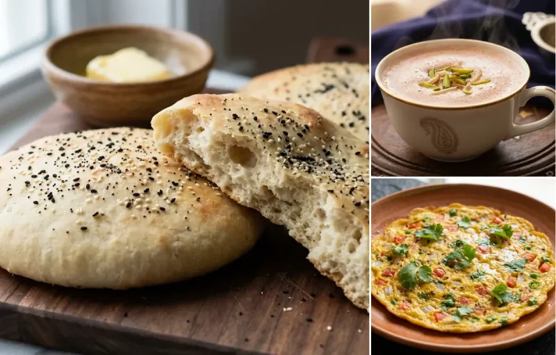 Lavasa Bread with Noon Chai and Tomato Omelette