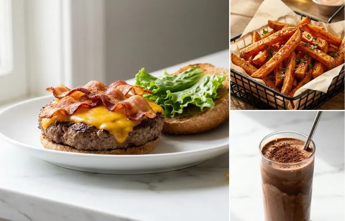 Lean Beef Burger with Cheddar on Whole Wheat Bun with Protein Milkshake