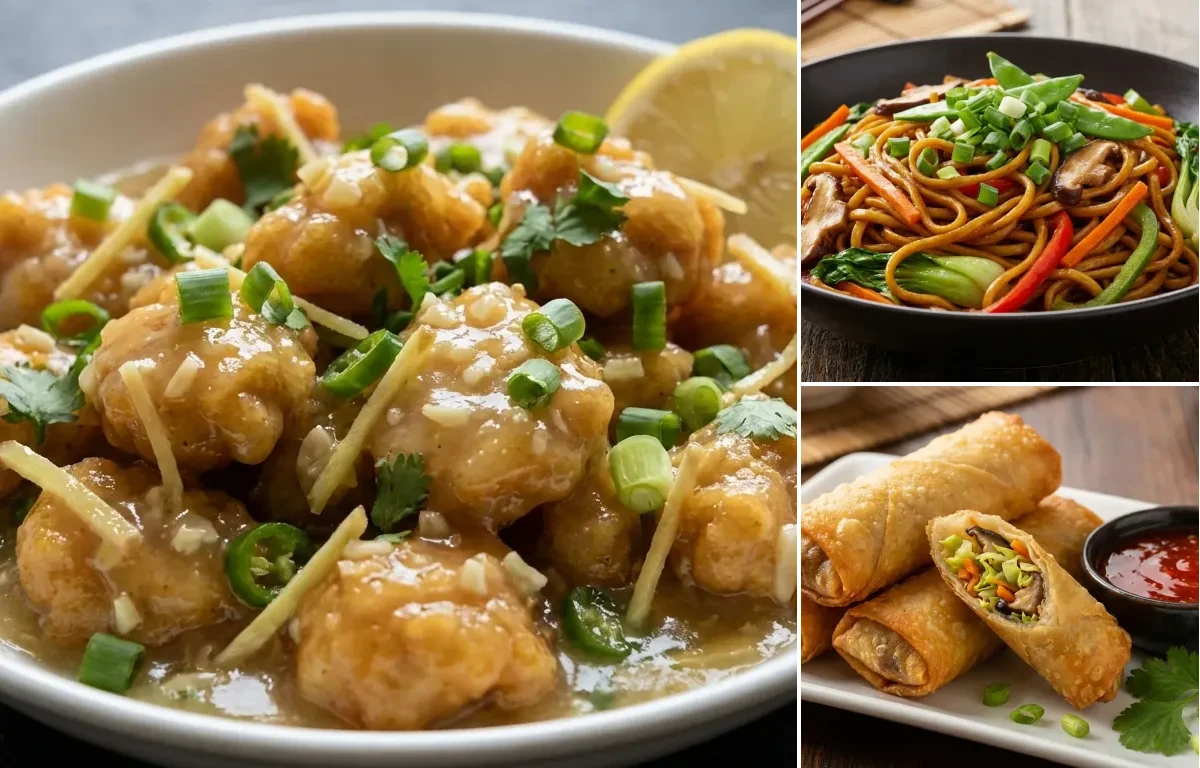 Lemon Chicken with Vegetable Lo Mein and Fried Spring Rolls