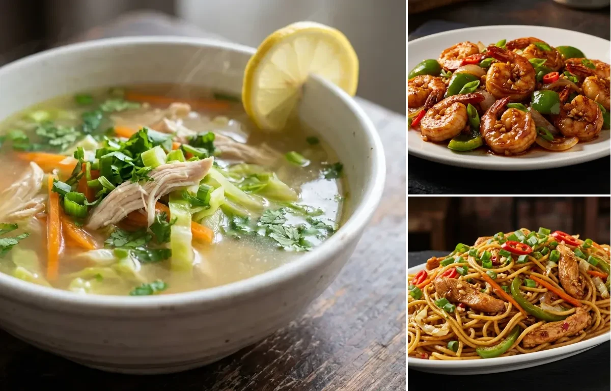 Lemon Coriander Chicken Soup with Chilli Garlic Prawns Dry and Chicken Hakka Noodles