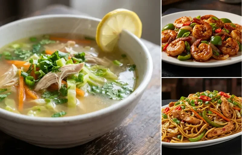 Lemon Coriander Chicken Soup with Chilli Garlic Prawns Dry and Chicken Hakka Noodles