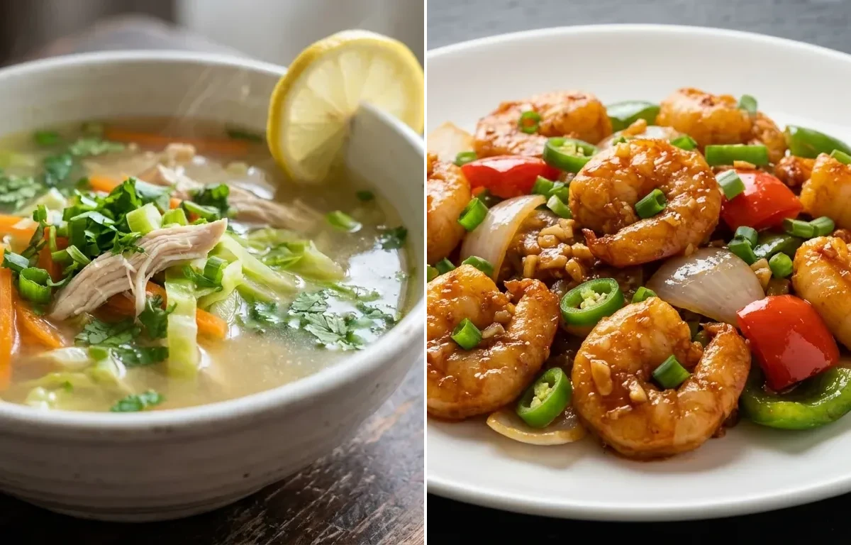 Lemon Coriander Chicken Soup with Dry Garlic Prawns