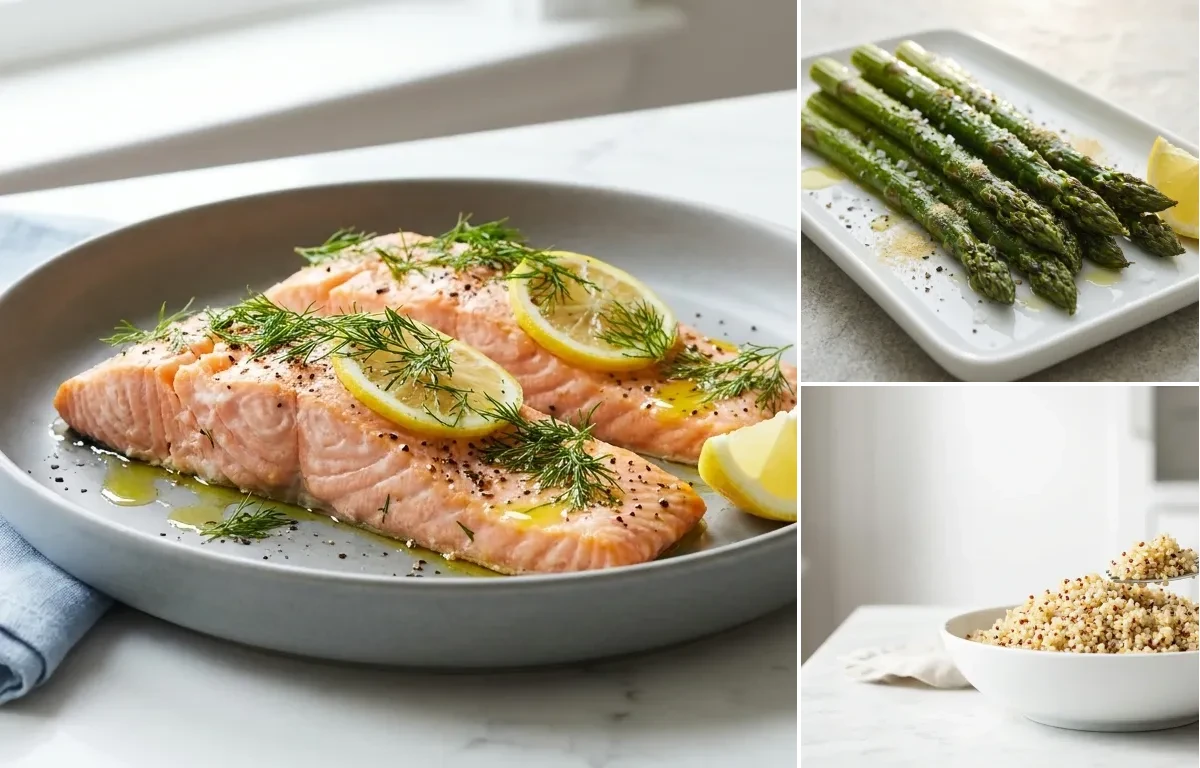 Lemon Dill Baked Salmon, Roasted Asparagus and Perfectly Cooked Quinoa