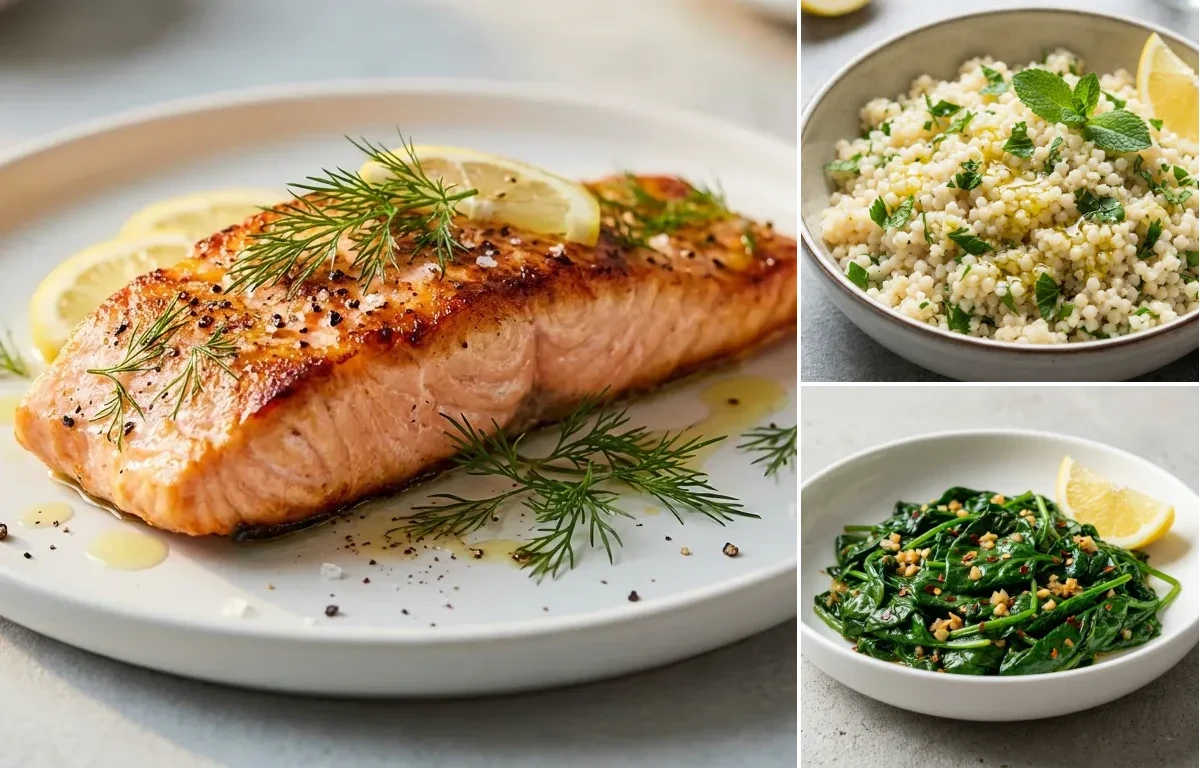 Lemon Dill Salmon with Herbed Couscous and Sauteed Spinach with Garlic