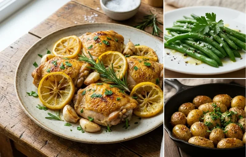 Lemon-Garlic Chicken with Steamed Green Beans and Roasted Baby Potatoes