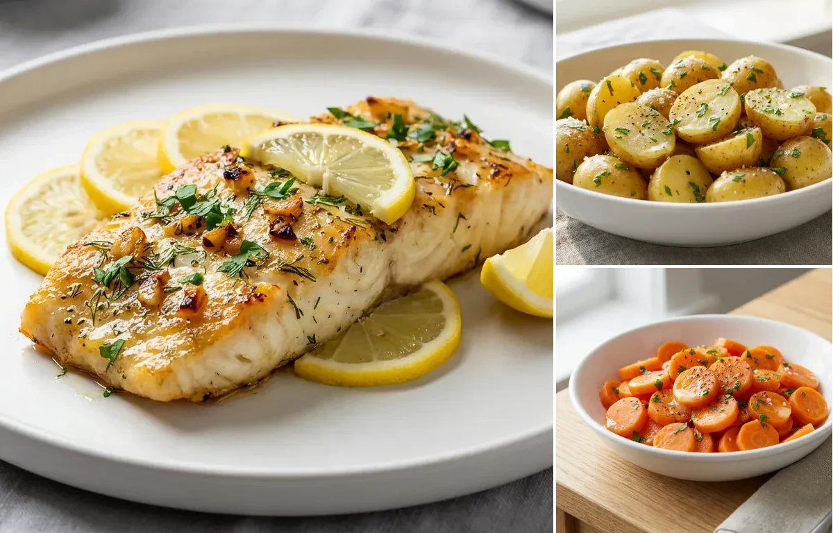 Lemon Herb Baked Cod with Buttered Parsley Potatoes and Steamed Carrots