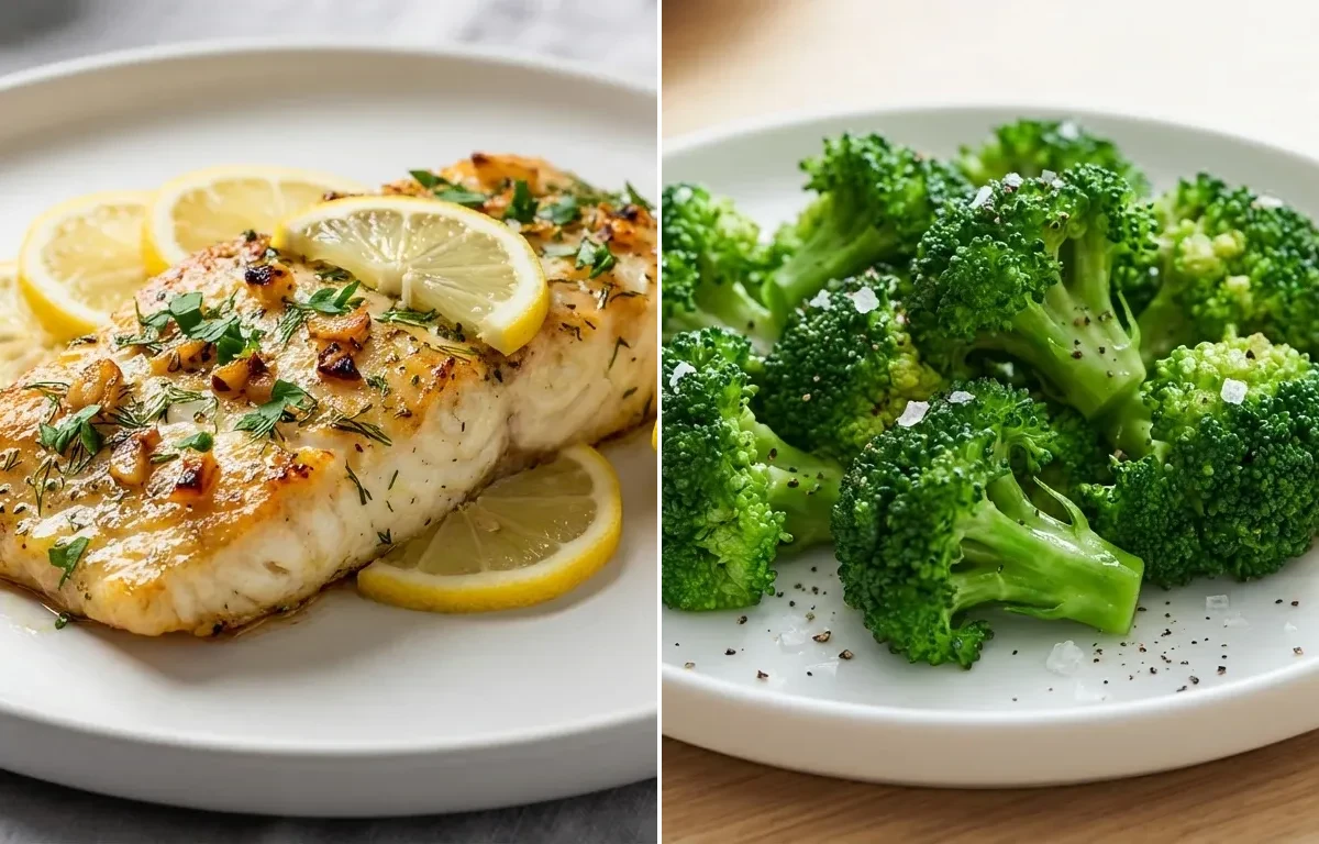 Lemon Herb Baked Cod, Steamed Broccoli and Small Baked Sweet Potato