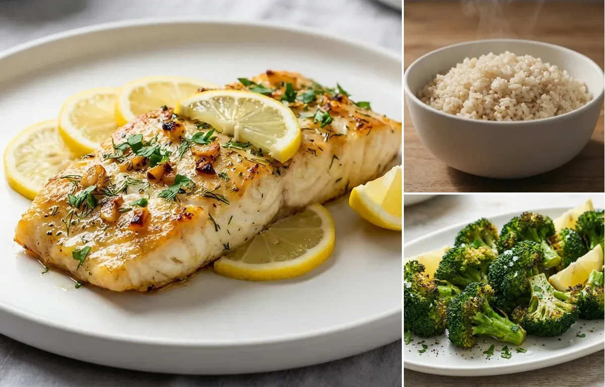 Lemon Herb Baked Cod with Brown Rice and Roasted Broccoli
