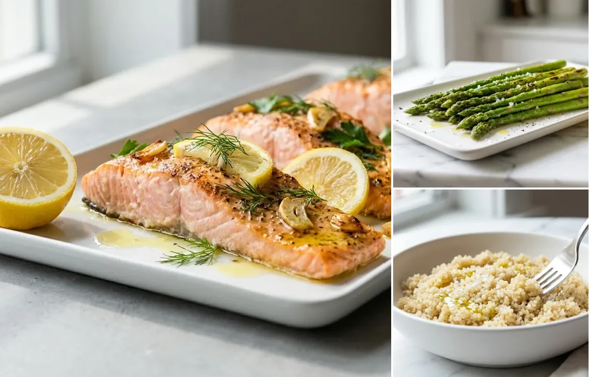 Lemon Herb Baked Salmon, Simple Roasted Asparagus and Cooked Quinoa