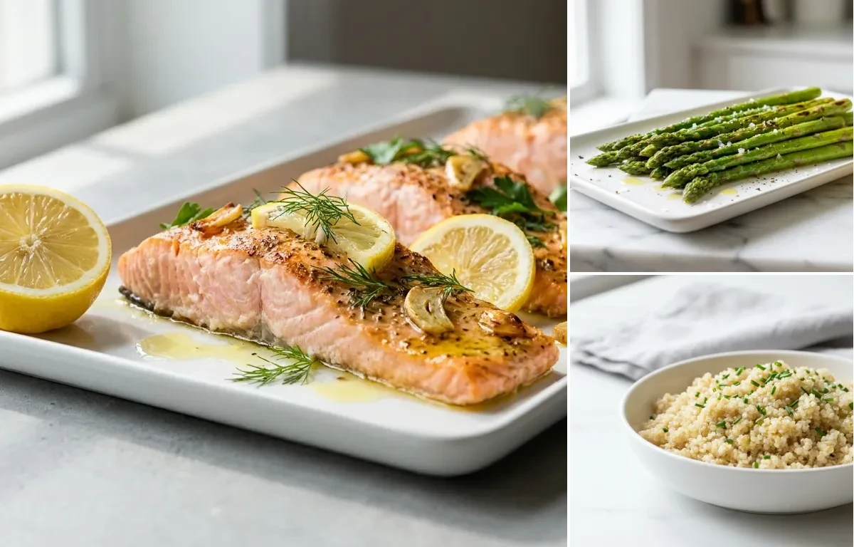 Lemon Herb Baked Salmon, Simple Roasted Asparagus and Fluffy Quinoa