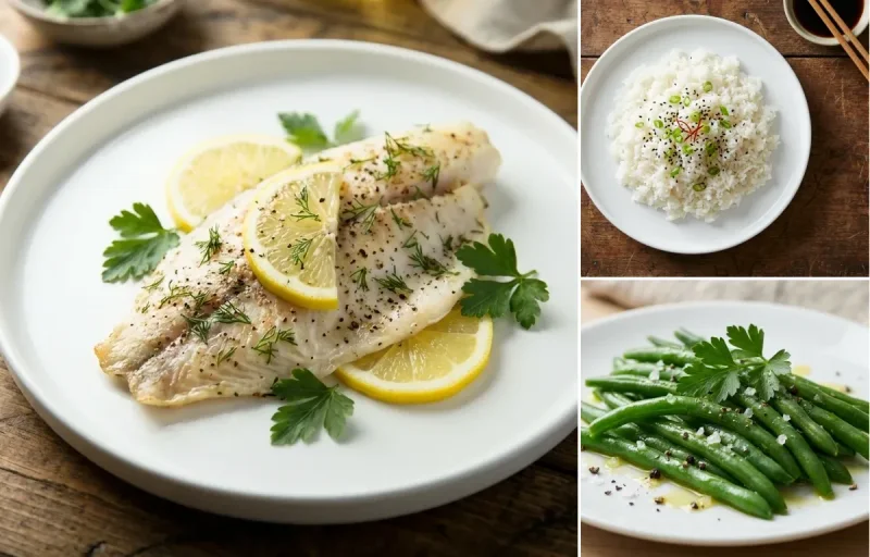 Lemon Herb Baked Tilapia with Steamed White Rice and Steamed Green Beans