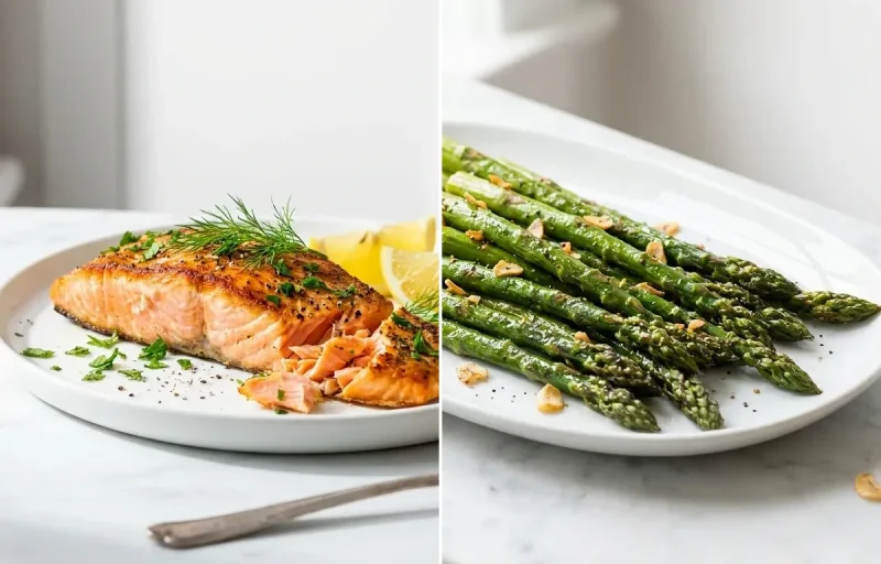 Lemon Herb Grilled Salmon, Cold Quinoa Salad and Garlic Roasted Asparagus