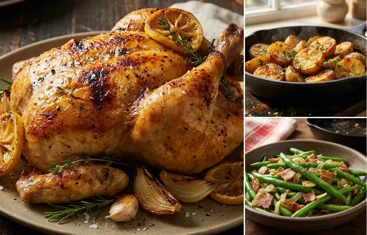 Lemon Herb Roasted Chicken with Roasted Potatoes and Sauteed Green Beans with Bacon