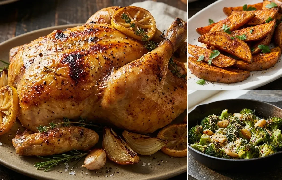 Lemon Herb Roasted Chicken with Roasted Sweet Potatoes and Roasted Broccoli with Garlic and Parmesan