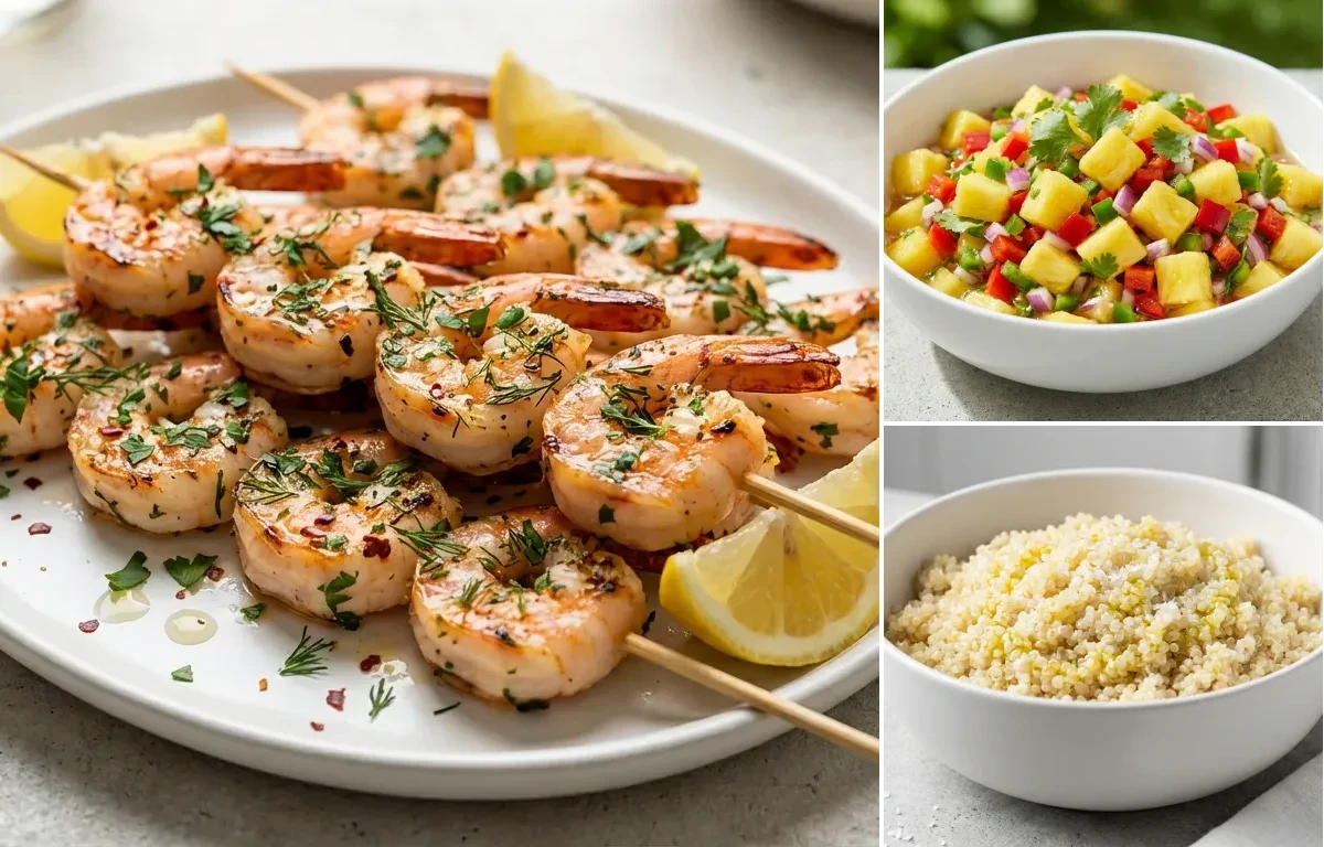 Lemon Herb Shrimp Skewers with Pineapple Salsa and Quinoa