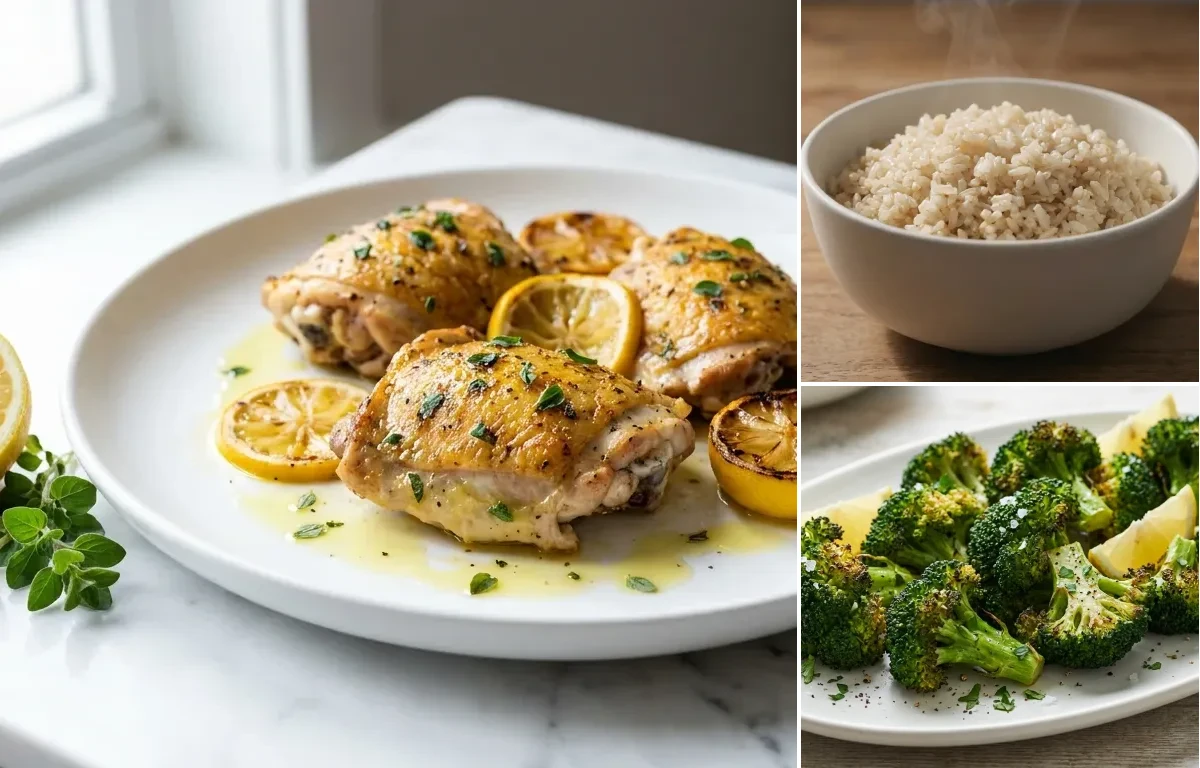 Lemon Oregano Chicken Thighs with Steamed White Rice with Roasted Broccoli