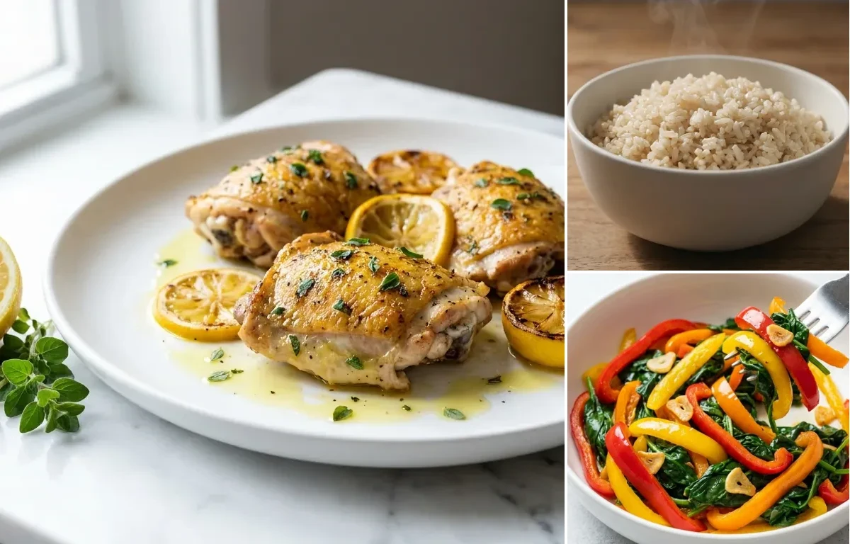 Lemon Oregano Chicken Thighs with Steamed White Rice with Sauted Peppers and Spinach