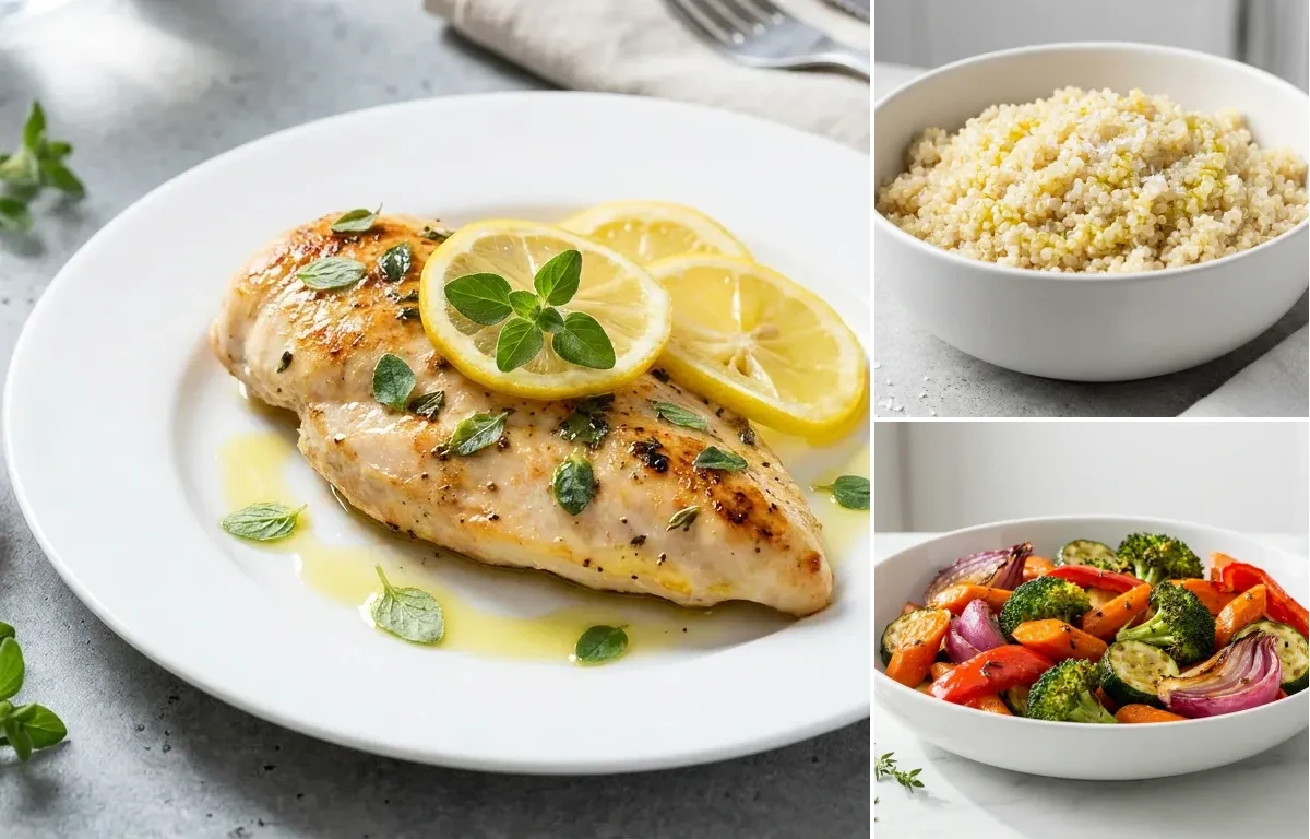 Lemon Oregano Chicken with Quinoa with Roasted Vegetables