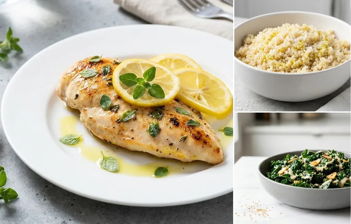 Lemon Oregano Chicken with Quinoa with Sauted Kale with Sesame Seeds and Tahini